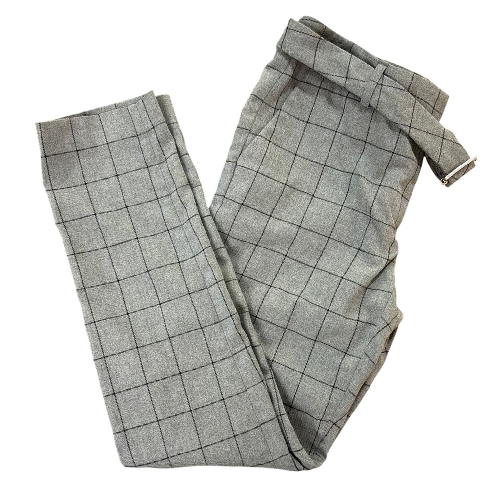 Calvin Klein Grey Windowpane Plaid Belted Ankle Pants Womens 4P Petite Slim Leg